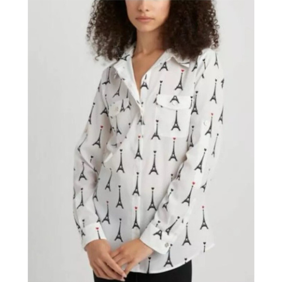 Karl Lagerfeld Paris Women Large Blouse Button Eiffel Tower White - Picture 1 of 11